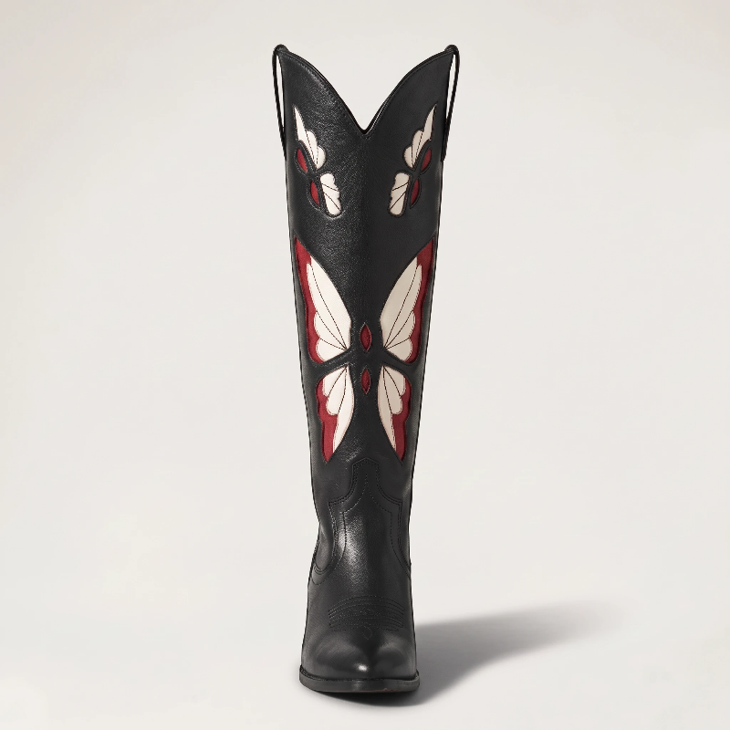 Yehaw CLARA mid-calf vegan leather cowgirl boots in black with beige and red butterfly embroidery and round toe