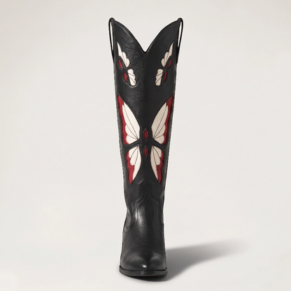 Yehaw CLARA mid-calf vegan leather cowgirl boots in black with beige and red butterfly embroidery and round toe
