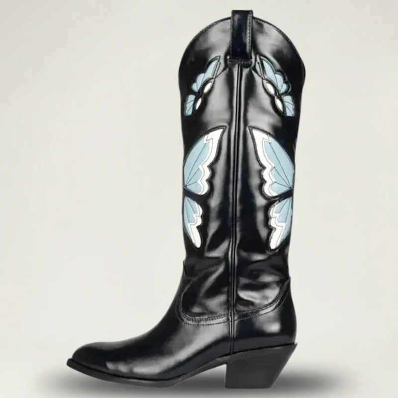Yehaw CLARA mid-calf vegan leather cowgirl boots in black with blue butterfly embroidery and a round toe
