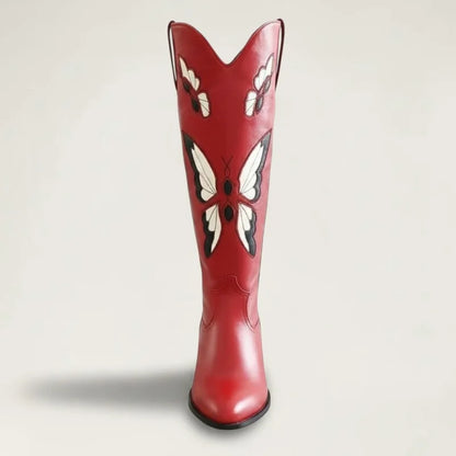 Yehaw CLARA mid-calf red vegan leather cowgirl boots featuring beige and black butterfly embroidery and a round toe.