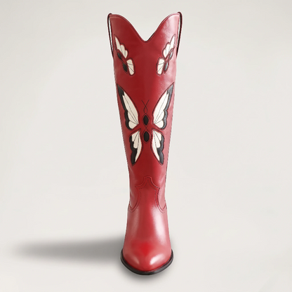Yehaw Clara red vegan leather mid-calf cowgirl boots featuring a decorative beige and black butterfly embroidery design.