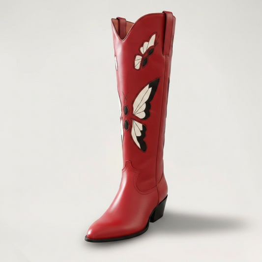 Yehaw Clara red vegan leather mid-calf cowgirl boots featuring a decorative beige and black butterfly embroidery design.