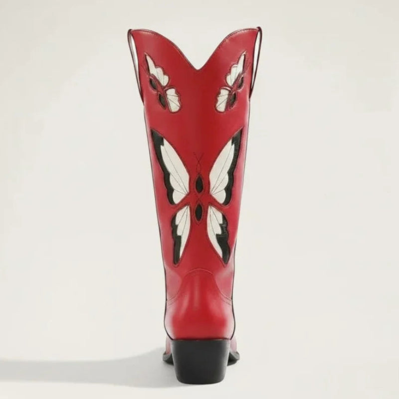 Yehaw CLARA red vegan leather mid-calf cowgirl boots featuring intricate white and black butterfly embroidery