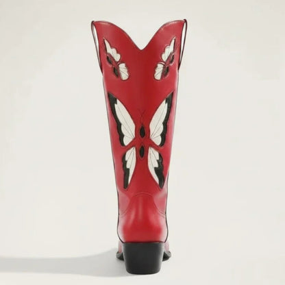 Yehaw CLARA red vegan leather mid-calf cowgirl boots featuring intricate white and black butterfly embroidery