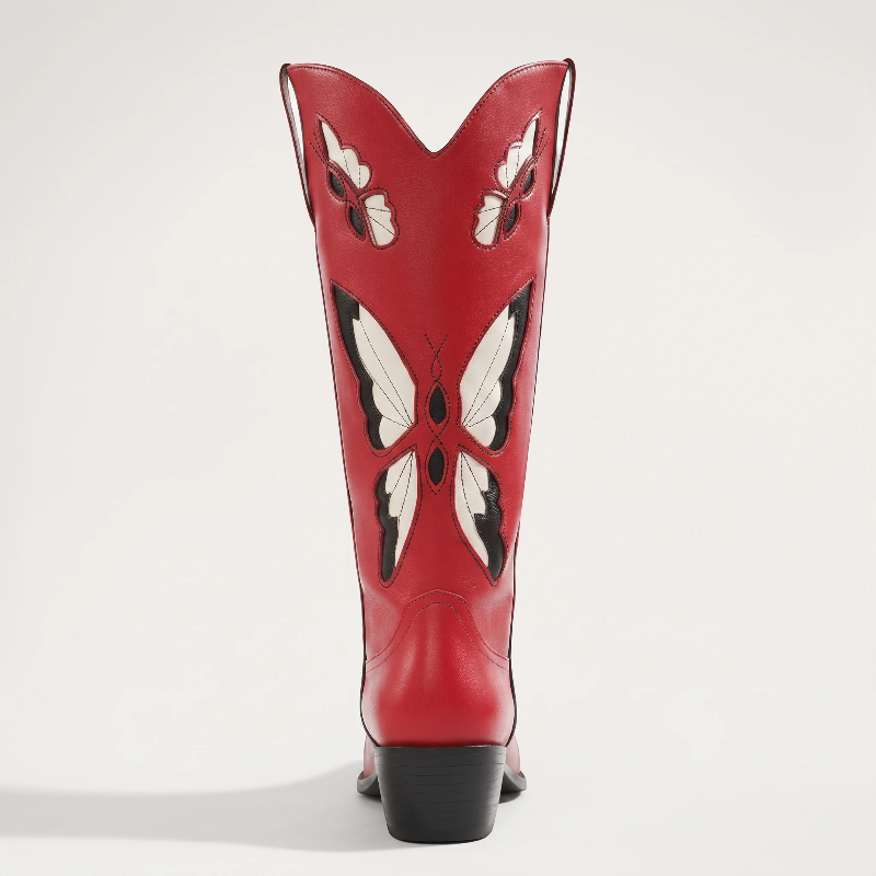 Yehaw Clara red vegan leather mid-calf cowgirl boots featuring a decorative beige and black butterfly embroidery design.