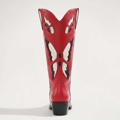Yehaw Clara red vegan leather mid-calf cowgirl boots featuring a decorative beige and black butterfly embroidery design.