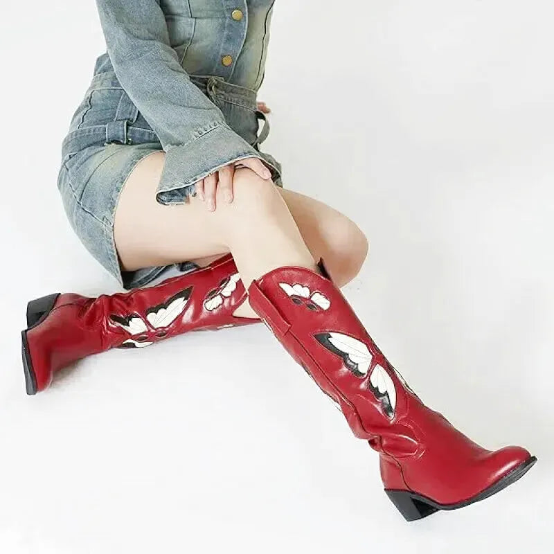 CLARA Cowgirl Boots - Yehaw | Red & Butterfly Beige - Yehaw