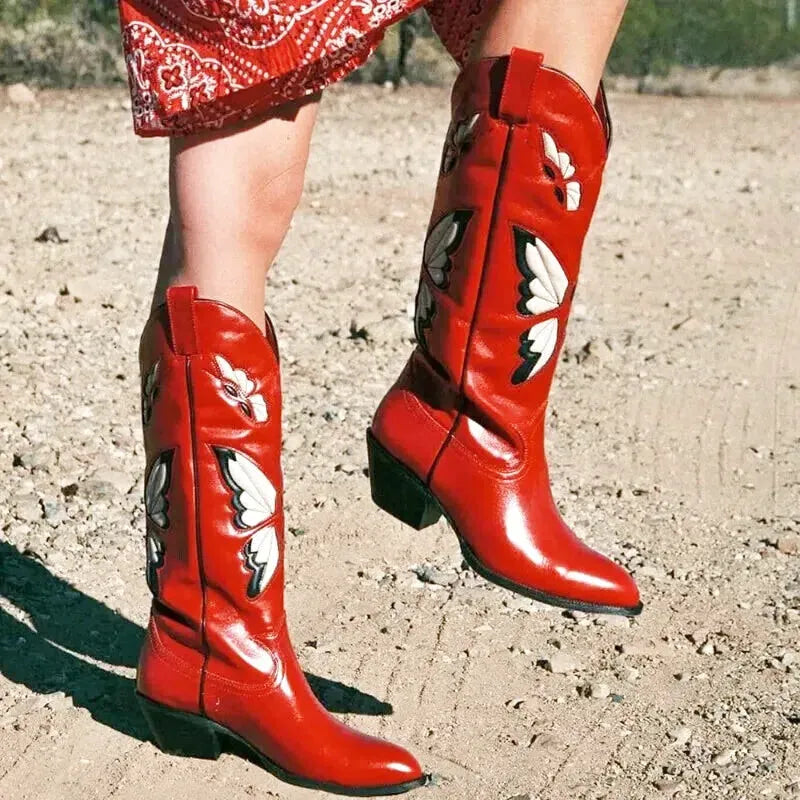 CLARA Cowgirl Boots - Yehaw | Red & Butterfly Beige - Yehaw