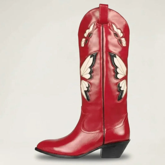Yehaw CLARA mid-calf red vegan leather cowgirl boots featuring beige and black butterfly embroidery and a round toe.