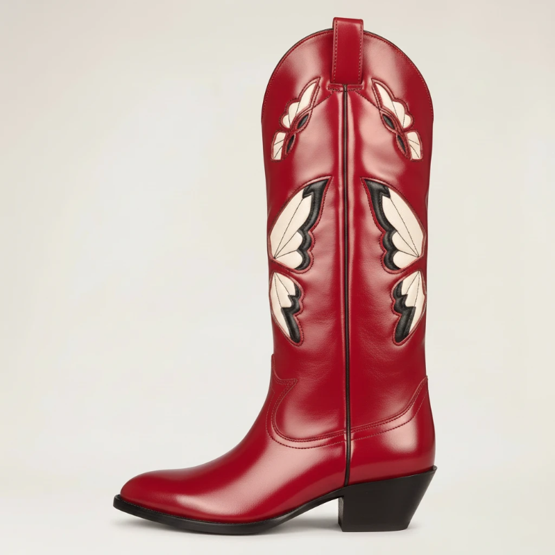 Yehaw Clara red vegan leather mid-calf cowgirl boots featuring a decorative beige and black butterfly embroidery design.
