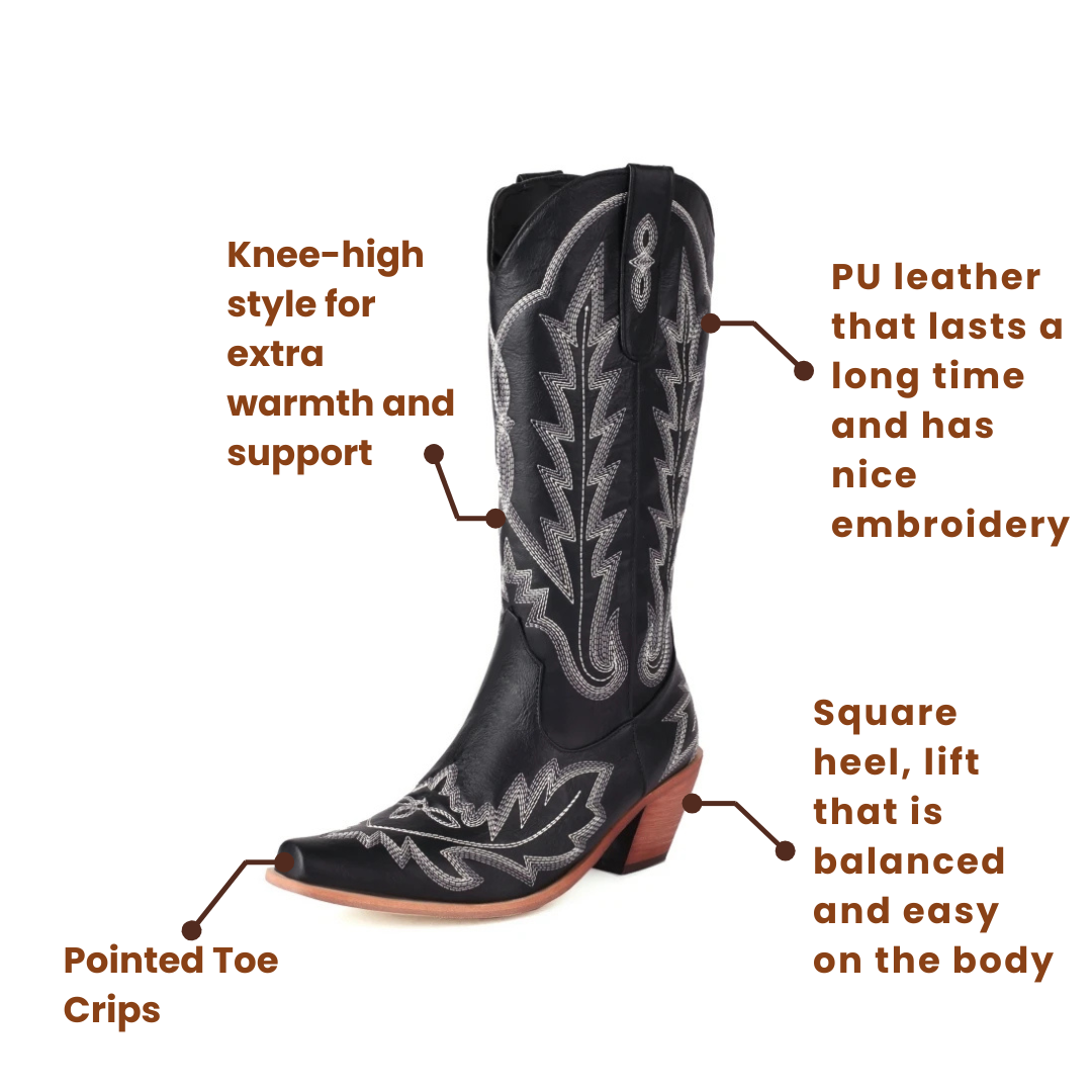 Loretta Cowgirl Boots - Resistant PU leather | Elegance & Stability