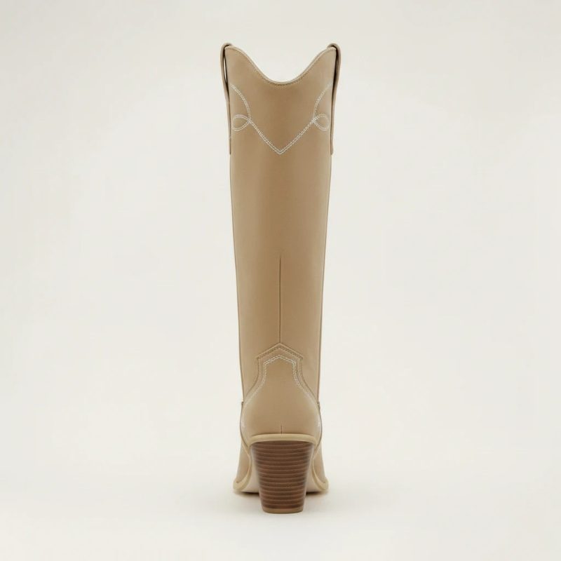 Yehaw VERA beige vegan suede mid-calf cowgirl boots with round toe and high block heel