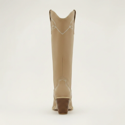Yehaw VERA beige vegan suede mid-calf cowgirl boots with round toe and high block heel