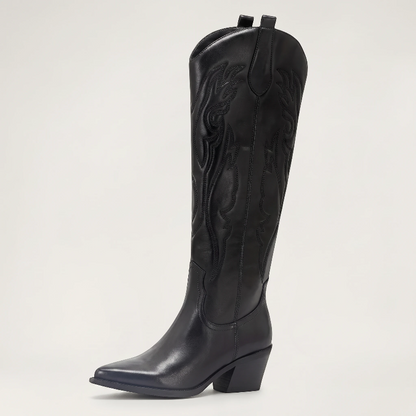 Yehaw black vegan leather knee-high cowgirl boots with pointed toe and medium heel. Zip fastening.