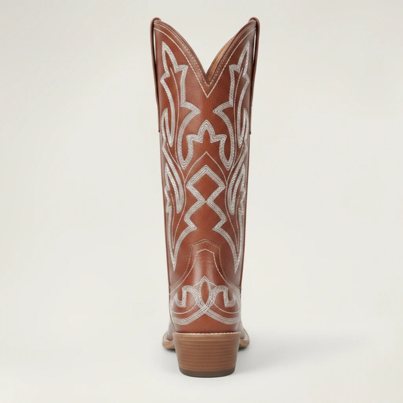 Yehaw brown vegan leather mid-calf cowgirl boots with white western embroidery and a round toe design.