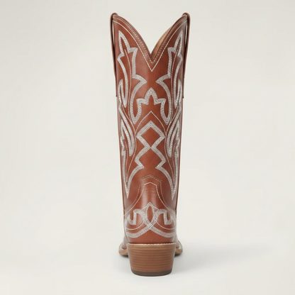 Yehaw brown vegan leather mid-calf cowgirl boots with white western embroidery and a round toe design.