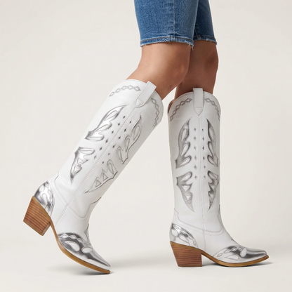 Yehaw MABEL mid-calf cowgirl boots in white vegan leather with metallic silver cut-out overlays and a block heel.