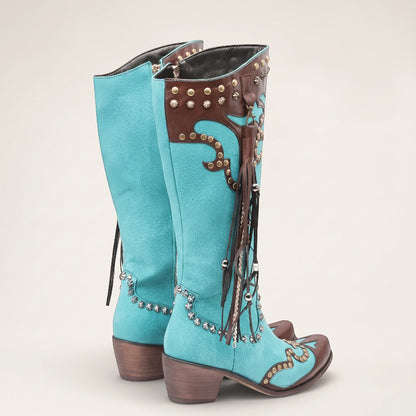 Yehaw ADELE knee-high turquoise vegan leather cowgirl boots with brown trim, silver studs, and decorative fringe