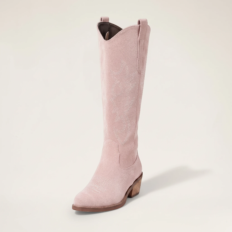 Yehaw pink vegan suede mid-calf cowgirl boots with round toe, western stitching, and medium block heel