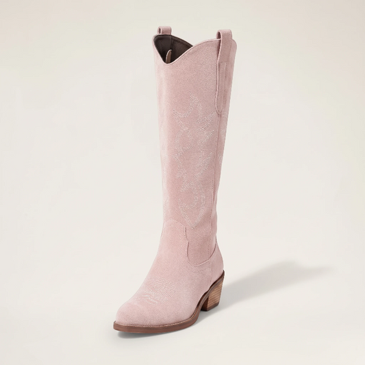Yehaw pink vegan suede mid-calf cowgirl boots with round toe, western stitching, and medium block heel