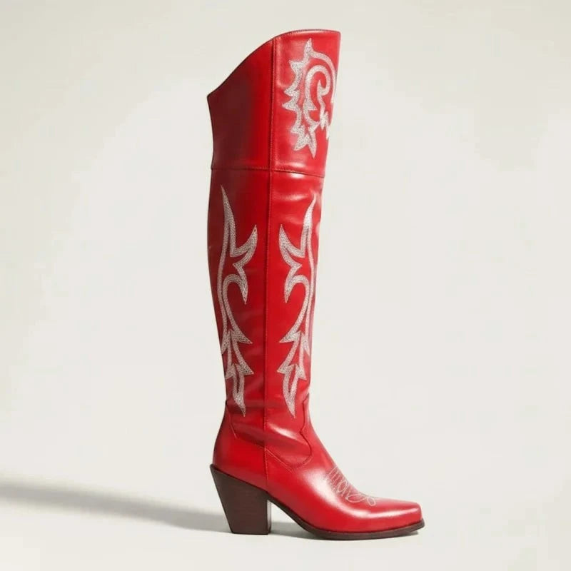 Yehaw BEATRICE red knee-high vegan leather cowgirl boots with white western embroidery and a pointed toe.
