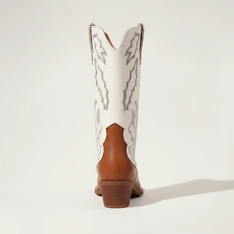 Yehaw DANIELA mid-calf cowgirl boots in brown and white vegan leather with pointed toe and western embroidery