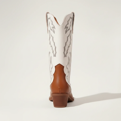 Yehaw DANIELA mid-calf cowgirl boots in brown and white vegan leather with pointed toe and western embroidery