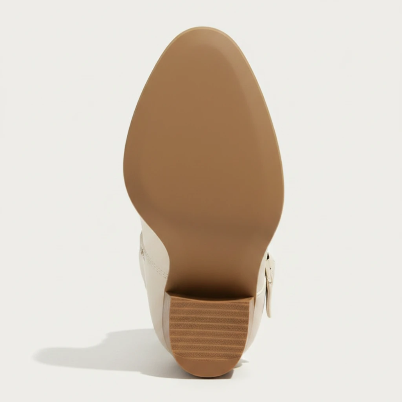 Yehaw beige vegan leather ankle cowboy boots for women with double buckle straps and a medium block heel