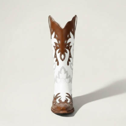 Yehaw brown and white vegan leather mid-calf cowgirl boots with pointed toe and decorative stitching.