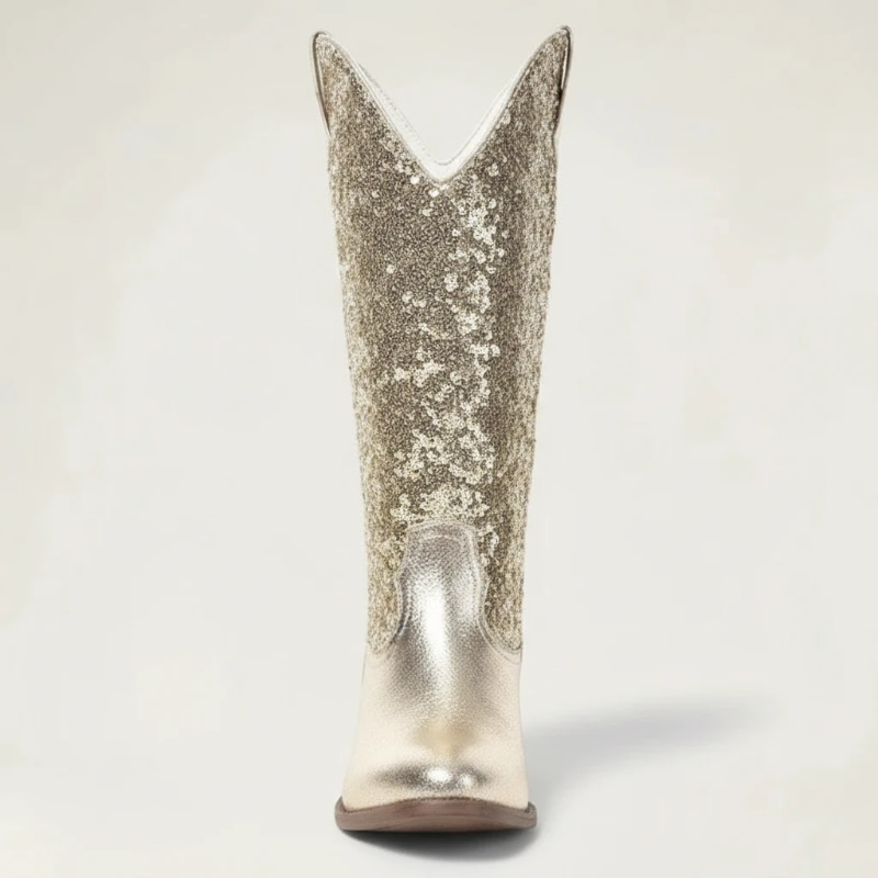 Yehaw GRACE mid-calf cowgirl boots in metallic gold vegan microfibre with a glittery shaft and round toe.