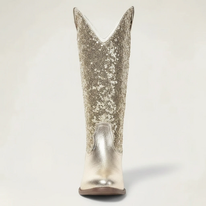 Yehaw GRACE mid-calf cowgirl boots in metallic gold vegan microfibre with a glittery shaft and round toe.