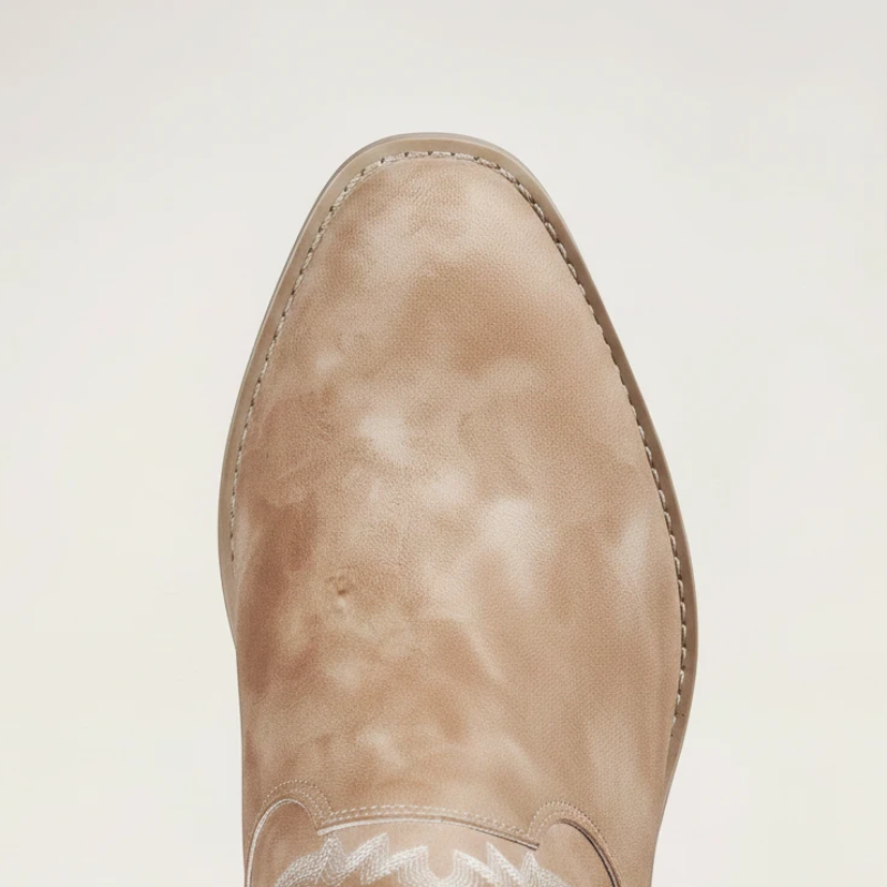Yehaw BARBARA brown vegan suede ankle cowboy boots with white western embroidery and a medium block heel