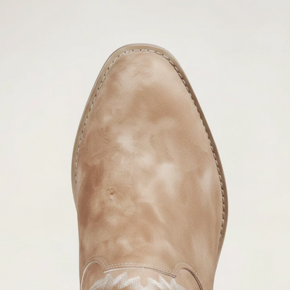 Yehaw BARBARA brown vegan suede ankle cowboy boots with white western embroidery and a medium block heel