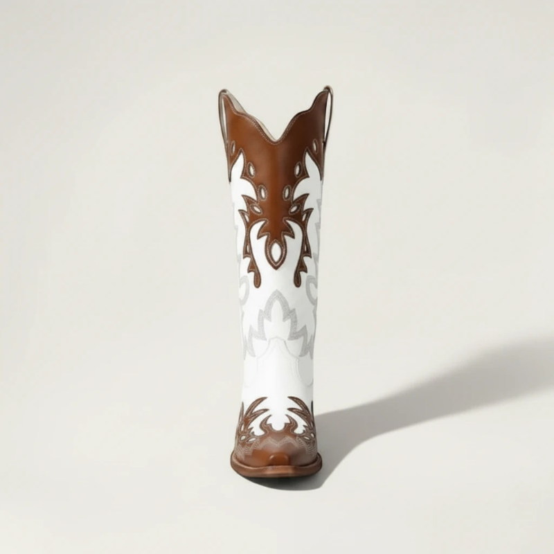Yehaw PEARL mid-calf cowgirl boots in white and brown vegan leather with pointed toe and western embroidery