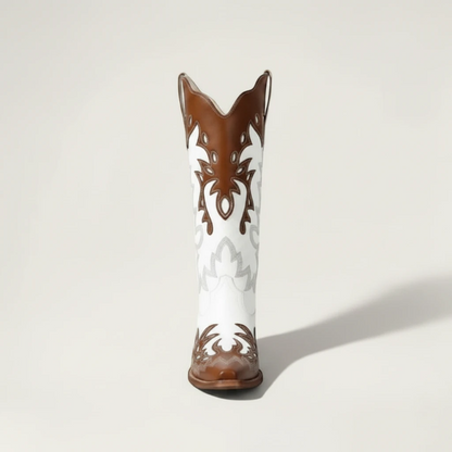 Yehaw PEARL mid-calf cowgirl boots in white and brown vegan leather with pointed toe and western embroidery