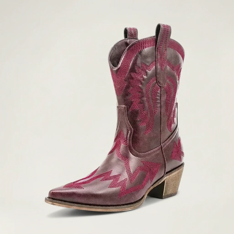 Yehaw CAMILA red vegan leather ankle cowgirl boots with pointed toe and decorative western stitching
