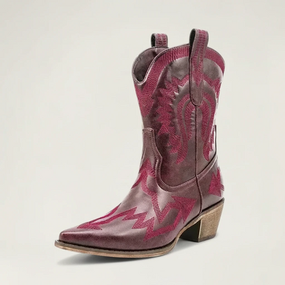 Yehaw CAMILA red vegan leather ankle cowgirl boots with pointed toe and decorative western stitching