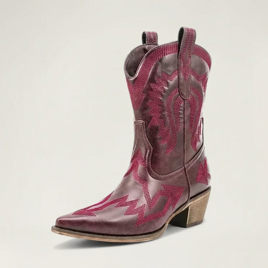 Yehaw CAMILA red vegan leather ankle cowgirl boots with pointed toe and decorative western stitching