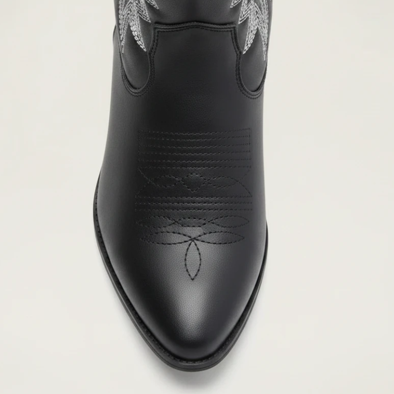 Yehaw CARMELA black vegan leather ankle cowgirl boots with white western embroidery, side zip, and medium block heel.