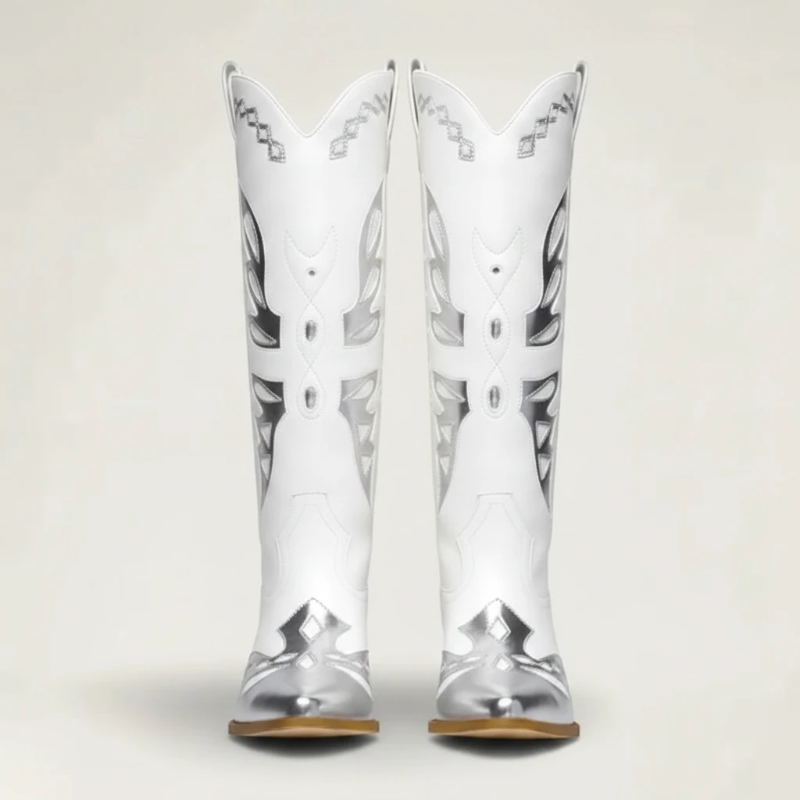 Yehaw MABEL mid-calf cowgirl boots in white vegan leather with metallic silver cut-out overlays and a block heel.