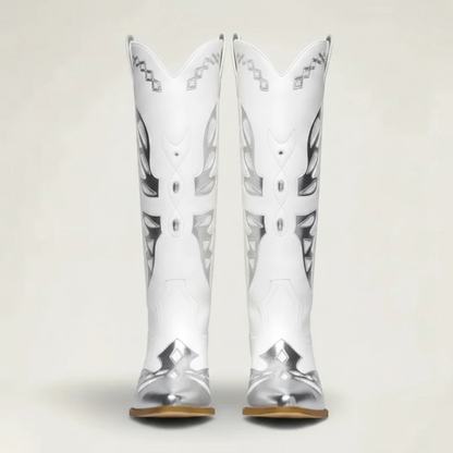 Yehaw MABEL mid-calf cowgirl boots in white vegan leather with metallic silver cut-out overlays and a block heel.
