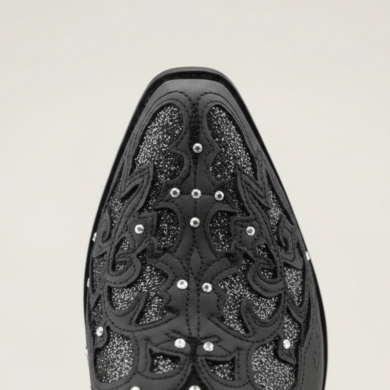 Yehaw BERNARDA black vegan leather mid-calf cowgirl boots with intricate embroidery and sparkling rhinestone details.