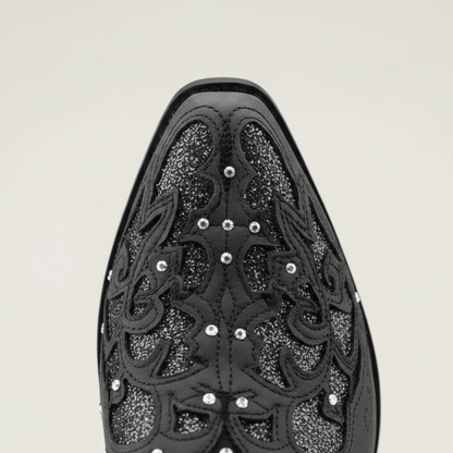 Yehaw BERNARDA black vegan leather mid-calf cowgirl boots with intricate embroidery and sparkling rhinestone details.