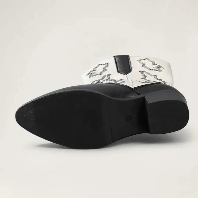 Yehaw Daniela black and white vegan leather cowgirl boots with pointed toe and western stitching, bottom view