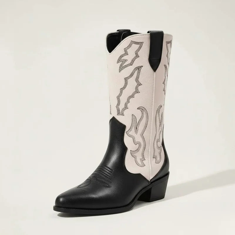 Yehaw Daniela mid-calf cowgirl boots in black and white vegan leather with western embroidery and pointed toe