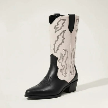 Yehaw Daniela mid-calf cowgirl boots in black and white vegan leather with western embroidery and pointed toe