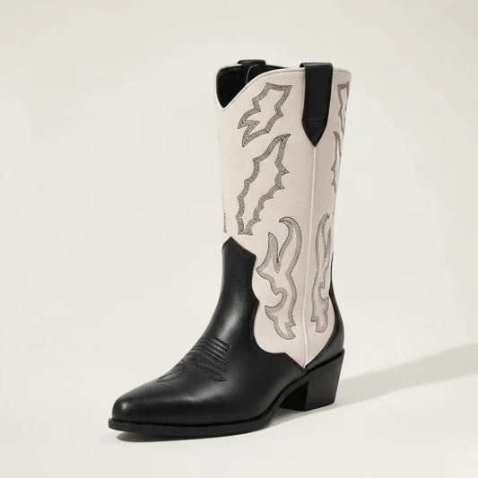 Yehaw Daniela mid-calf cowgirl boots in black and white vegan leather with western embroidery and pointed toe