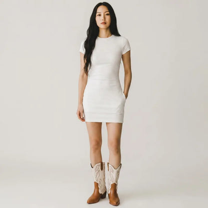 Yehaw DANIELA brown & white vegan leather mid-calf cowgirl boots with pointed toe and decorative stitching.