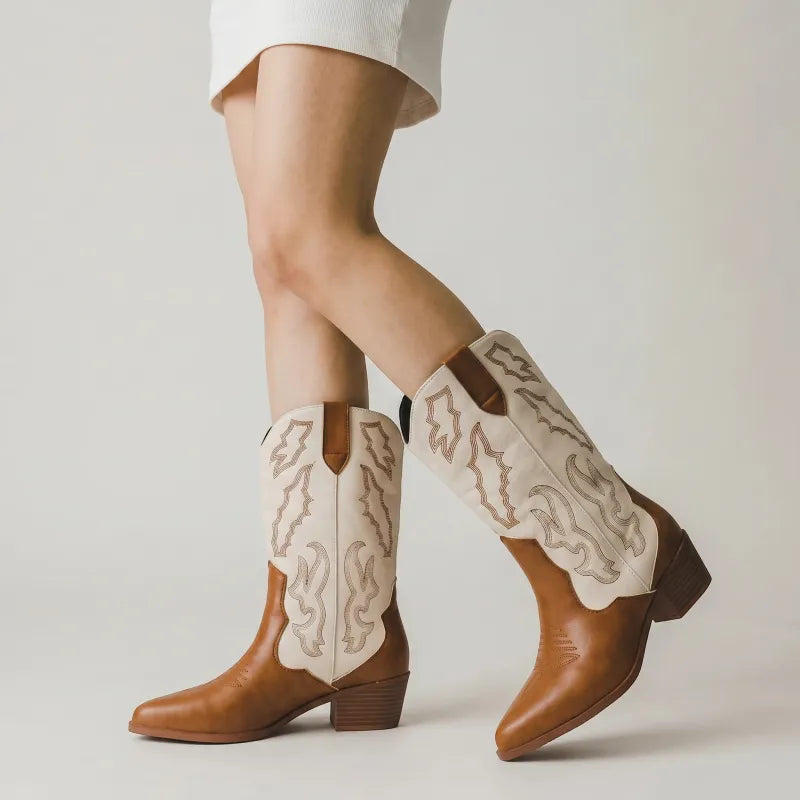 Yehaw DANIELA brown and white vegan leather mid-calf cowgirl boots with pointed toe and medium heel.