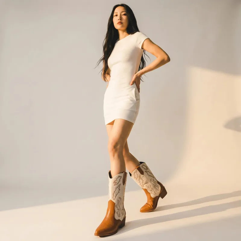 Yehaw DANIELA mid-calf cowgirl boots in brown and white vegan leather with pointed toe and medium heel.